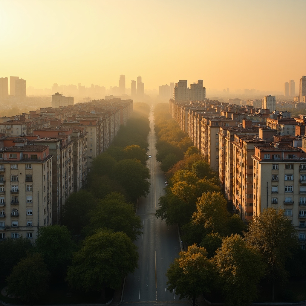 Panoramă urbană București cu blocuri rezidențiale și clădiri moderne
