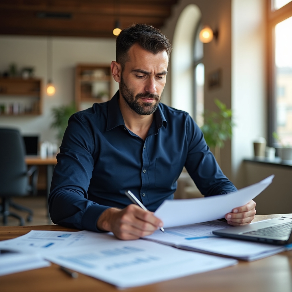 Persoană care analizează documente imobiliare pe un birou modern