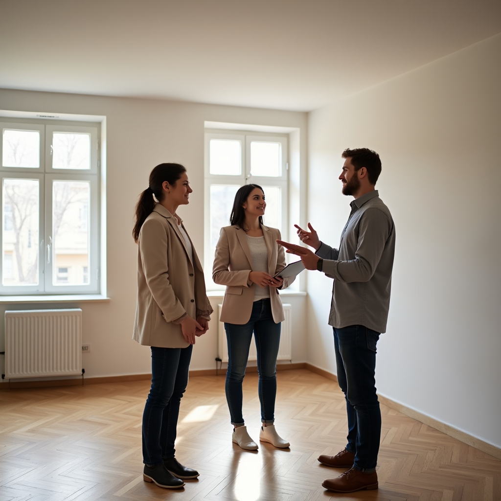 Cuplu care vizionează un apartament și discută cu agentul imobiliar